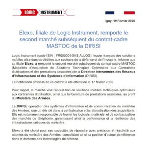 Elexo, filiale de Logic Instrument, remporte le second marché subséquent du contrat-cadre MASTOC de la DIRISI